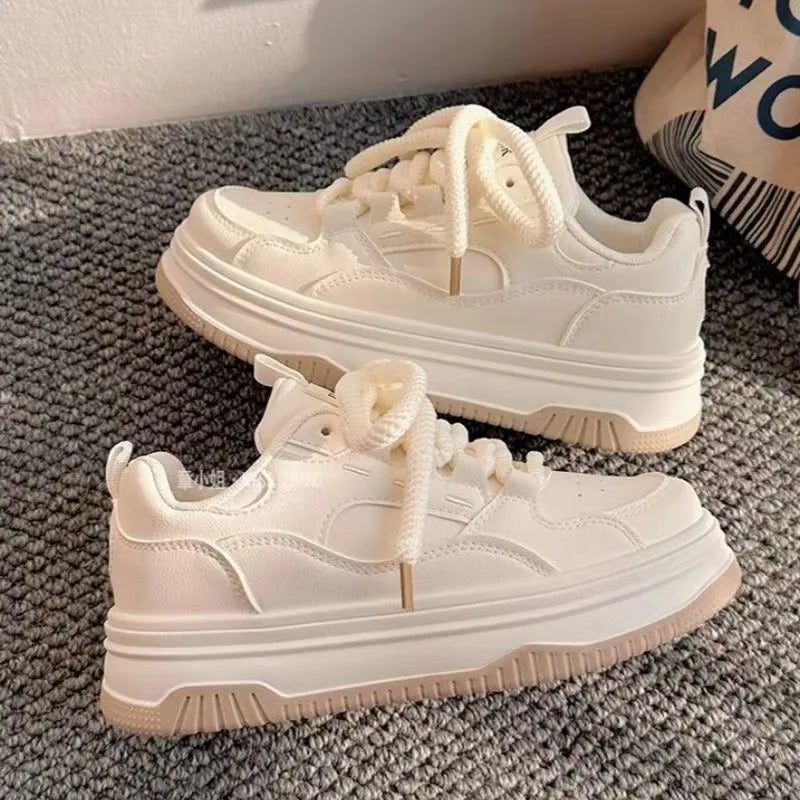 Round-toe Lace-up Casual White Thick-soled Vulcanized Shoes Seasonal New Comfortable Flat-soled Fashion Sneakers